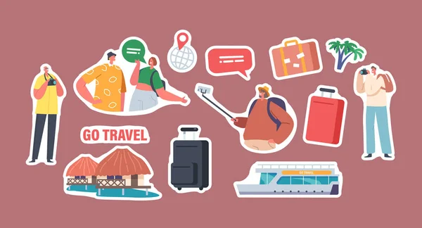 Set Stickers Tourists Men Women Backpackers Rucksacks Cameras Isolated Patches — Image vectorielle