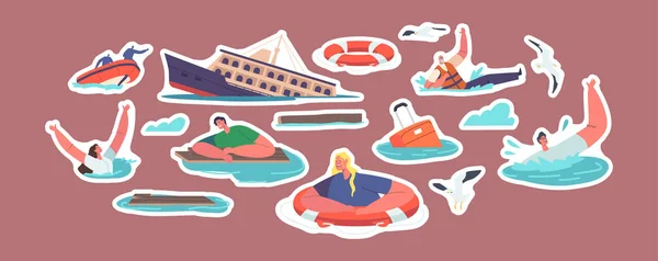 Set Stickers Shipwreck Sinking People Trying Survive Ocean Shipwrecked Ship — Stockový vektor