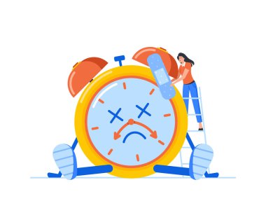 Time is Over Concept. Female Character Trying to Fix Broken Alarm Clock Sticking Patch on Dial. Office Woman Overtime, Tiny Manager Repair Huge Watches. Cartoon People Vector Illustration