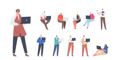 Set Men and Women with with Laptop. Freelancers or Office Workers with Computers Isolated on White Background. Young Male and Female Characters at Workplace Concept. Cartoon People Vector Illustration