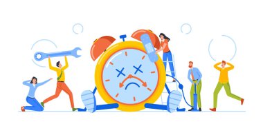 Time is Over Concept. Tiny Male and Female Characters Trying to Fix Broken Alarm Clock. Office Men and Women with Wrench and Patch around of Huge Clock. Cartoon People Vector Illustration