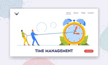 Time Management Landing Page Template. Business Characters Trying to Stop or Slowdown Time Pulling Alarm Clock Arrows with Strap, Men Hard Drudge, Overtime Work. Cartoon People Vector Illustration
