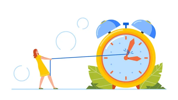 Deadline Time Management Business Concept Tiny Office Woman Pull Arrows — Image vectorielle