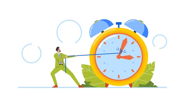 Tiny Business Man Pull Arrows Huge Alarm Clock Male Character — Stockvector