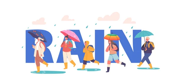 Rain Concept Happy Kids Walk Umbrella Little Boys Girls Characters — Stock Vector