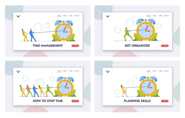 Deadline Time Management Landing Page Template Set Tiny Workers Pull — ストックベクタ