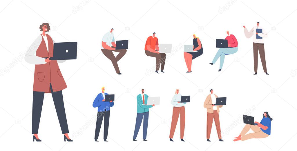 Set Men and Women with with Laptop. Freelancers or Office Workers with Computers Isolated on White Background. Young Male and Female Characters at Workplace Concept. Cartoon People Vector Illustration