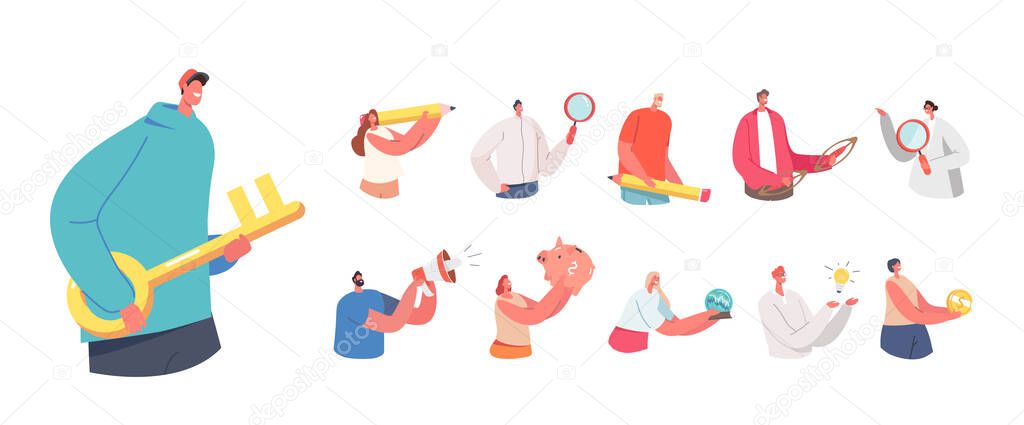 Set of Male and Female Characters with Different Things. Isolated Men and Women with Key, Pencil, Magnifier, Loudspeaker, Piggy Bank, Bulb, Coin and Crystal Globe. Cartoon People Vector Illustration