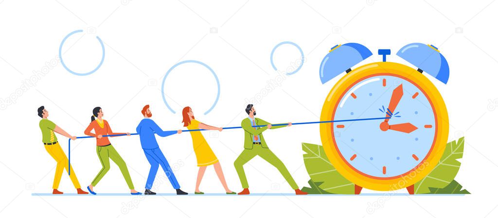 Deadline, Time Management Business Concept. Tiny Hurried Workers Pull Clock Arrows on Huge Watches Using Rope, Characters Teamwork, Trying To Stop Or Slow Down Time. Cartoon People Vector Illustration
