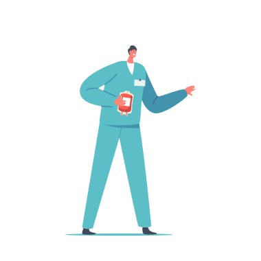 Blood Donation, Medical Plasma Transfusion, Healthcare, Charity Concept. Male Character in Medical Uniform Holding Plastic Container with Donated Lifeblood in Laboratory. Cartoon Vector Illustration
