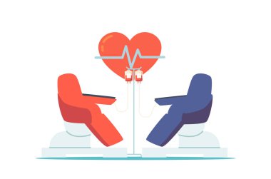 Blood Donation Concept with Medical Chairs, Plastic Bags with Lifeblood and Huge Red Heart with Pulse Line Isolated on White Background. Volunteer Save Life Foundation. Cartoon Vector Illustration