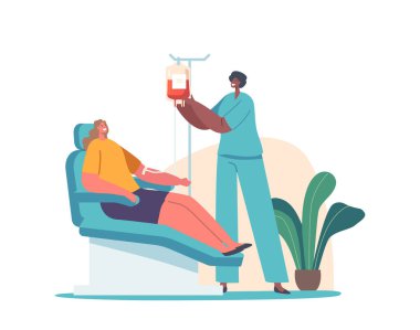 Blood Donation Concept. Female Character Donate Blood for Diseased People, Nurse Taking Lifeblood into Plastic Container. Woman Donor Sitting in Medical Chair in Clinic. Cartoon Vector Illustration