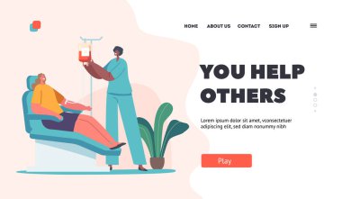 Blood Donation Landing Page Template. Female Character Donate Blood for Diseased People, Nurse Taking Lifeblood into Plastic Container. Woman Donor in Medical Clinic. Cartoon Vector Illustration
