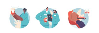 Blood Donation Isolated Round Icons or Avatars, Volunteer Character Sitting in Medical Hospital Chair Donating Lifeblood, Doctor and Nurse Holding Plastic Bags with Blood. Cartoon Vector Illustration