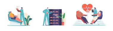 Blood Donation, World Donor Day, Health Care Concept. Volunteers Characters Sitting in Medical Hospital Chairs Donating Lifeblood, Doctor and Nurse Take it in Plastic Bags. Cartoon Vector Illustration