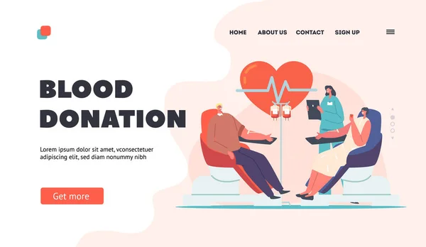 Blood Donation Landing Page Template Volunteers Characters Sitting Medical Hospital — Stok Vektör