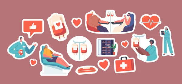 Set Stickers Blood Donation World Donor Day Health Care Concept — 图库矢量图片