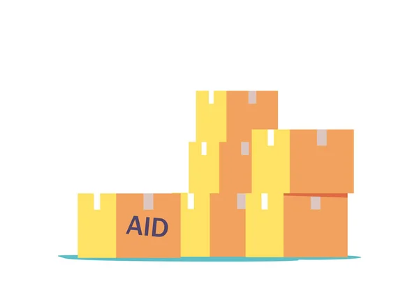 Куча Коробок Пожертвованиями Гуманитарной Помощью Бедным Нуждающимся Беженцам Благотворительность Социальная — стоковый вектор