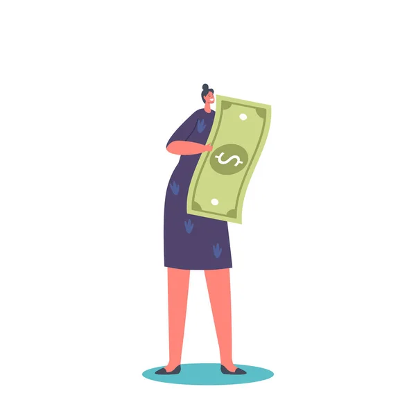 Tiny Female Character Carry Huge Dollar Banknote Online Payment Donation — Stockvector