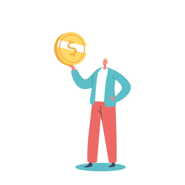 Successful Tiny Business Man Holding Huge Gold Coin Character Money — Stockvektor