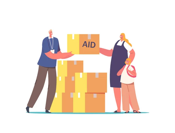 Volunteer Character Giving Humanitarian Aid Help Boxes Refugees Woman Little — Stock Vector