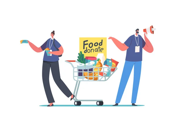 Volunteer Characters Collecting Foodstuffs Donation Box Man Woman Food Shopping — Stok Vektör