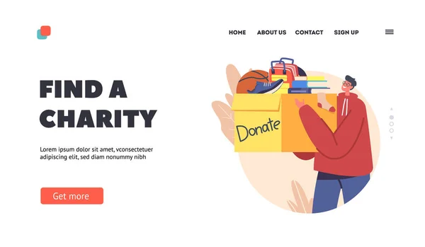 Charity Organization Landing Page Template Volunteer Donation Humanitarian Aid Man — Stock vektor