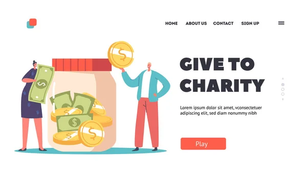 People Giving Money Charity Landing Page Template Volunteers Donation Tiny — Image vectorielle