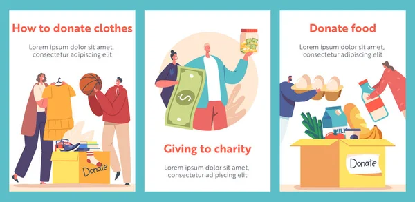 Donation Cartoon Banners People Filling Cardboard Box Clothes Food Money — Image vectorielle