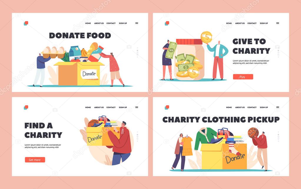 Social Care, Volunteering, Charity Landing Page Template. Tiny Characters Filling Cardboard Donation Box with Different Food, Clothes and Money for Help to Poor People. Cartoon Vector Illustration