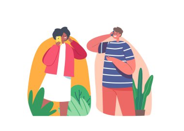 Gadgets Communication Concept. Young Girl and Boy Speaking by Smartphones, Teenager Characters Chatting and Speaking by Phones. People Use Smart Technologies Devices. Cartoon Vector Illustration