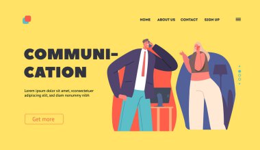 Communication Landing Page Template. Man and Woman Chatting via Smartphones, Spouse, Friends, Colleagues Male and Female Characters Using Digital Device. Cartoon Vector Illustration