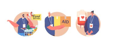 Volunteers Isolated Round Icons or Avatars. Humanitarian Aid and Help to Poor People Concept. Characters Donate Food, Aid and Blood for Volunteering, Charity, Philanthropy. Cartoon Vector Illustration
