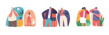 People Communicate by Mobile Phone. Granny and Little Grandson, Adult Couple and Teenagers Characters Speaking by Smartphones. Kids, Men and Women Calling and Chatting. Cartoon Vector Illustration