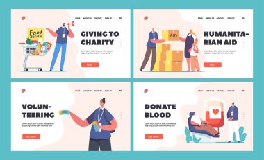 Volunteers, Humanitarian Aid and Help to Poor People Landing Page Template Set. Characters Donate Food, Aid and Blood for Supporting Refugees. Volunteering, Philanthropy. Cartoon Vector Illustration