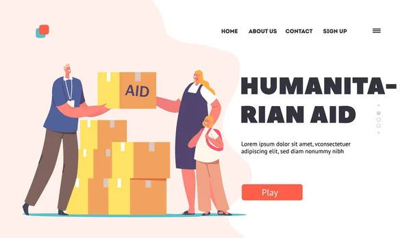 Humanitarian Aid Landing Page Template Volunteer Character Giving Help Boxes —  Vetores de Stock