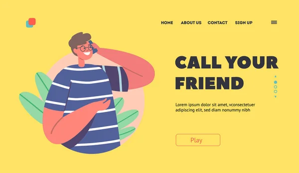 Mobile Connection Communication Landing Page Template Cheerful Modern Teenager Male — ストックベクタ