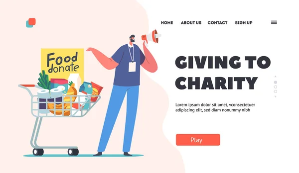 Giving Charity Landing Page Template Volunteer Character Collect Foodstuffs Donation — Stock Vector