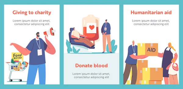 Volunteers Charity Donation Humanitarian Aid Help Poor People Cartoon Banners — Stockový vektor