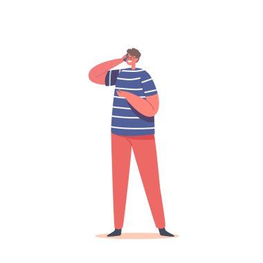 Mobile Connection, Communication Concept. Cheerful Caucasian Teenager Male Character Wearing Modern Clothes Talking with Friend via Smartphone Isolated on White Background. Cartoon Vector Illustration