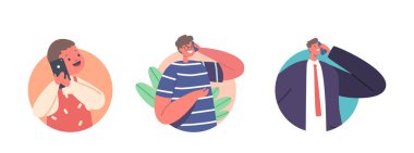 People Communicate by Mobile Phones Isolated Round Icons or Avatars. Little Boy, Teenager and Businessman Speaking by Smartphones. Characters Calling and Chatting. Cartoon Vector Illustration