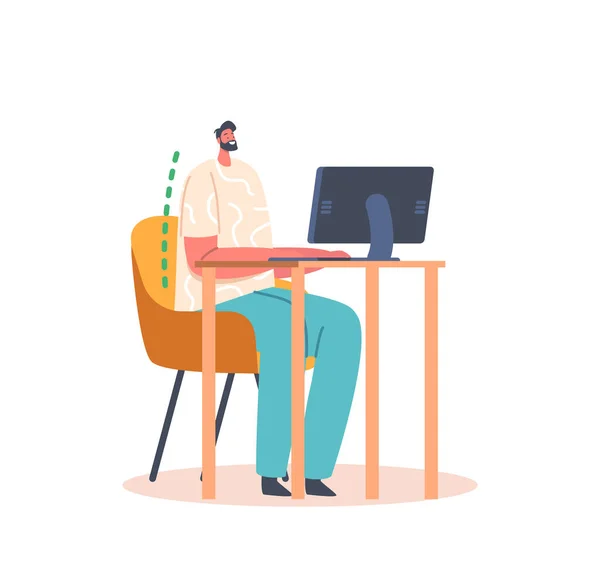 Male Character Correct Sitting Position Working Computer Man Worker Straight — Stockový vektor