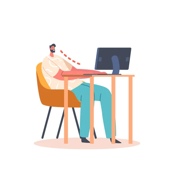 Male Character Wrong Sitting Position Working Computer Man Sit Table — Image vectorielle