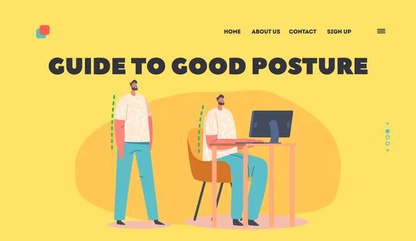 Guide Good Posture Landing Page Template Male Character Correct Sitting — Vettoriale Stock