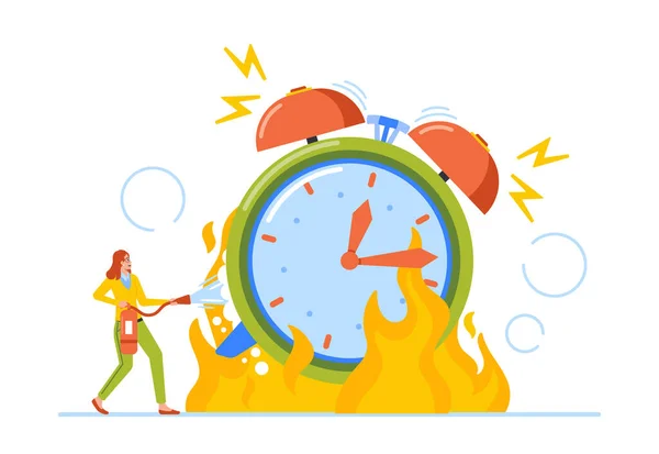 Time Deadline Morning Wake Concept Tiny Female Character Trying Extinguish — Stock Vector
