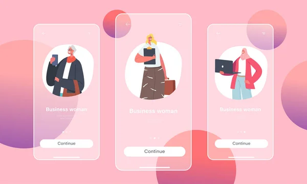 Business Women Mobile App Page Onboard Screen Template Diverse Confident — ストックベクタ