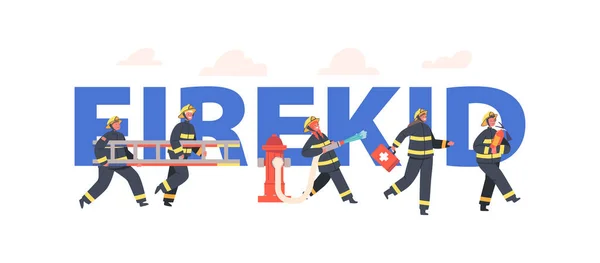 Firekid Concept Poster Children Fire Fighters Characters Uniform Holding Ladder — Stock Vector