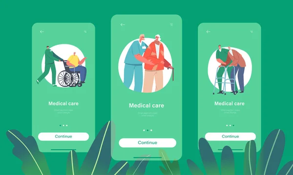 Medical Care Mobile App Page Onboard Screen Template Volunteers Characters — Vetor de Stock