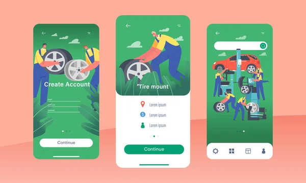 Tire Mount Mobile App Page Onboard Screen Template Workers Change — Image vectorielle