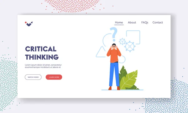 Critical Thinking Landing Page Template Male Character Glasses Geometrical Shapes — Archivo Imágenes Vectoriales